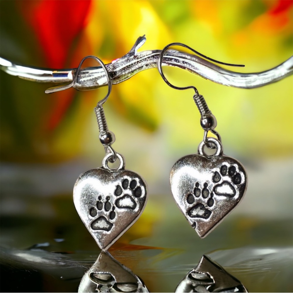 Paw Print Heart Earrings - Picture 2 of 12